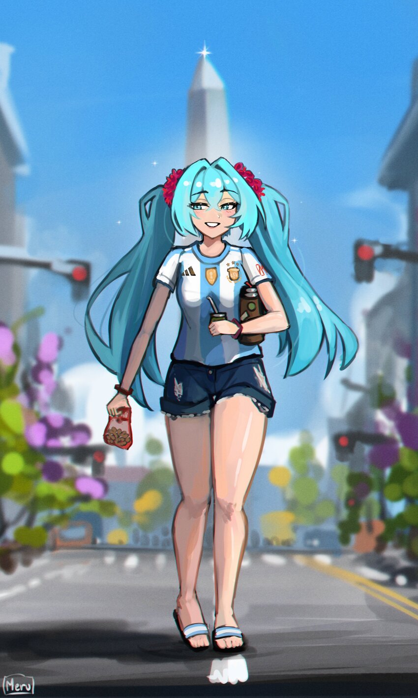 1girl, absurdres, aqua_hair, argentinian_flag, argentinian_flag_print, argentinian_miku, bare_legs, black_eyes