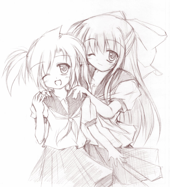 00s, asagi_michiyo, kurosaki_asami, mahoraba, monochrome, school_uniform, serafuku, sketch