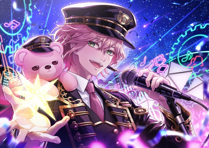 1boy, :d, animal, animal_on_shoulder, beckoning, black_hat, black_jacket, black_pants