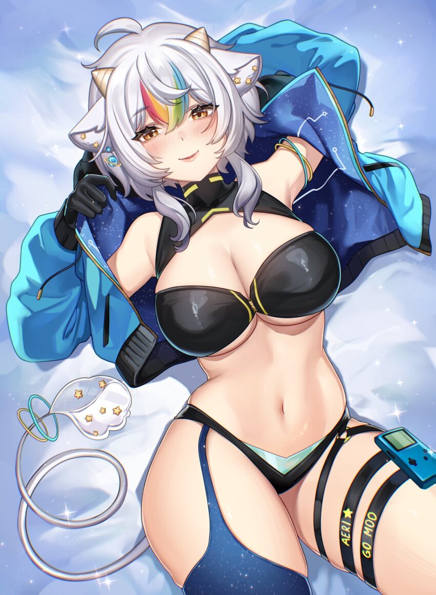 1girl, aerigomoo, ahoge, animal_ears, arm_behind_head, bikini, black_bikini, black_gloves, blue_garter_straps, blue_jacket, blue_thighhighs, breasts, brown_eyes, character_name, cleavage, closed_mouth, cropped_jacket, earrings, garter_straps, gloves, highres, horns, indie_virtual_youtuber, jacket, jewelry, lying, multicolored_hair, navel, on_back, planet_earrings, rainbow_hair, sakichka, single_garter_strap, single_thighhigh, snow, solo, sparkle, star_(symbol), star_earrings, starry_sky_print, stomach, swimsuit, tail, thigh_strap, thighhighs, virtual_youtuber, white_hair
