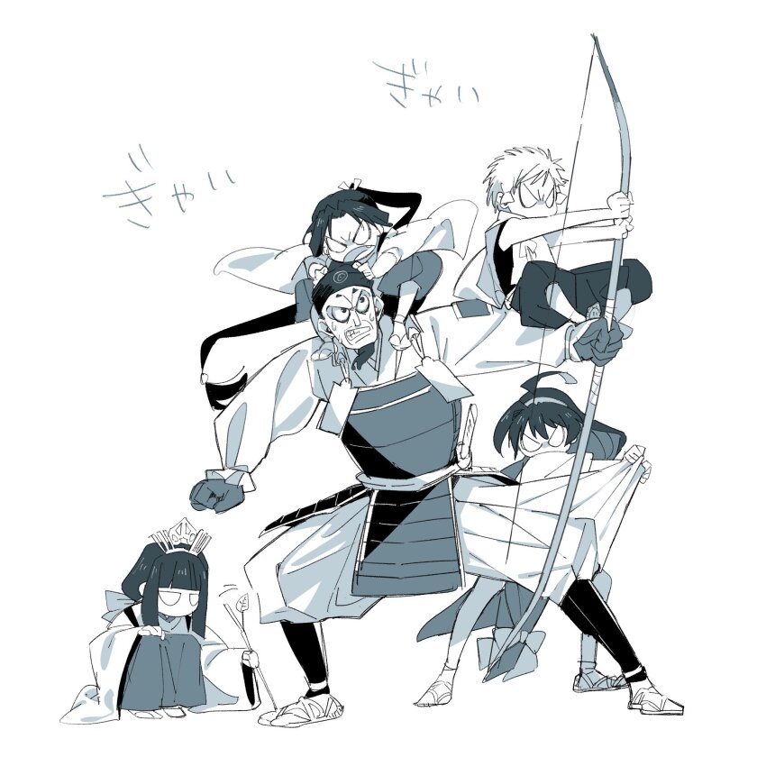 2girls, 3boys, ahoge, armor, black_hair, blunt_bangs, bow, bow_(weapon)