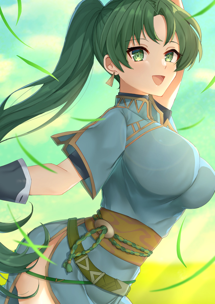 1girl, blade_of_grass, blue_dress, breasts, dress, earrings, edamameoka, fire_emblem