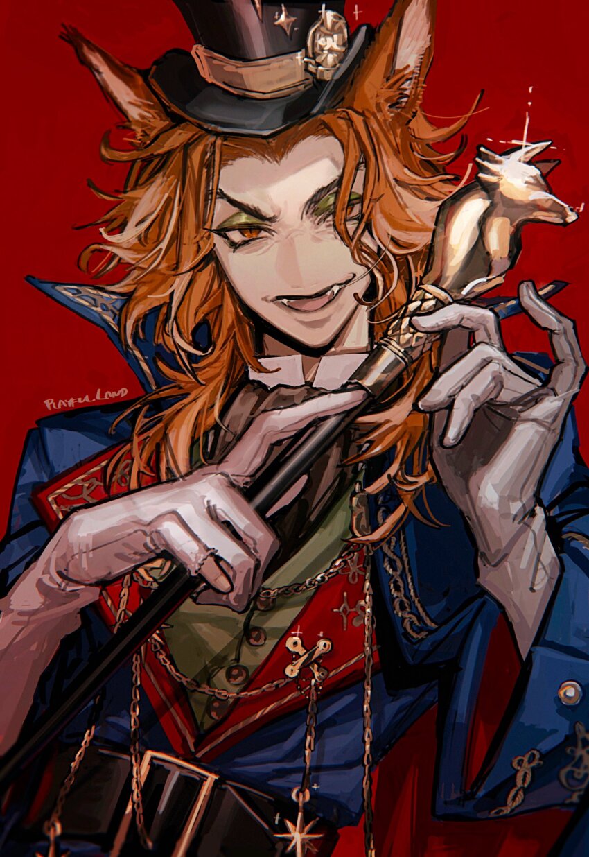 1boy, animal_ears, blue_coat, cane, coat, eyeshadow, fangs, fellow_honest