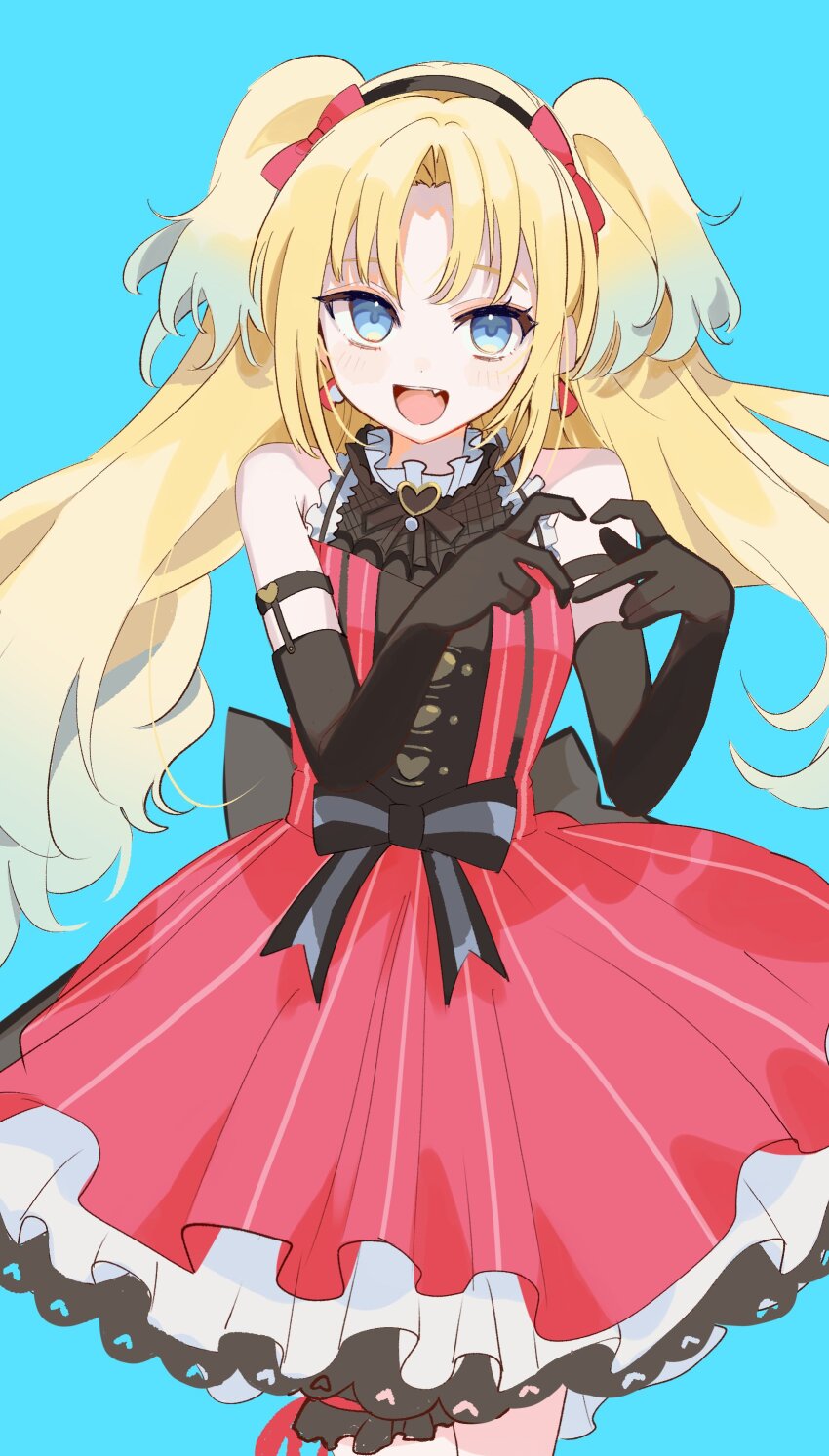 1girl, four-finger_heart_hands, :d, absurdres, arm_garter, black_gloves, black_hairband, blonde_hair