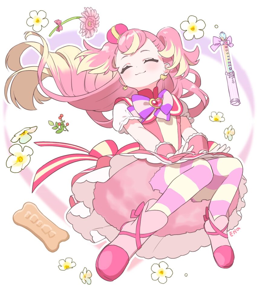 :d, artist_name, blonde_hair, blush, boots, bow, brooch, closed_eyes, crown, cure_wonderful, dress, dress_bow, floating, floating_hair, flower, hands_on_own_knees, heart, heart_brooch, highres, inukai_komugi, jewelry, long_hair, mini_crown, mokano_n, multicolored_hair, multicolored_thighhighs, open_mouth, pink_boots, pink_dress, pink_flower, pink_hair, precure, purple_bow, purple_thighhighs, shoes, short_sleeves, smile, straight_hair, thighhighs, two-tone_hair, two-tone_thighhighs, two_side_up, v_arms, white_background, white_flower, wonderful_precure!, wrist_cuffs, yellow_thighhighs