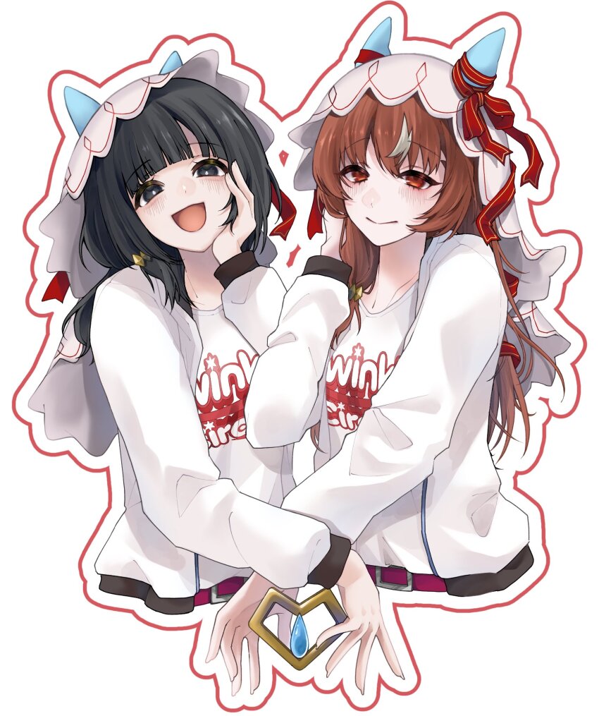 2girls, 2hin03, alternate_costume, animal_ears, belt, black_eyes, black_hair, blush