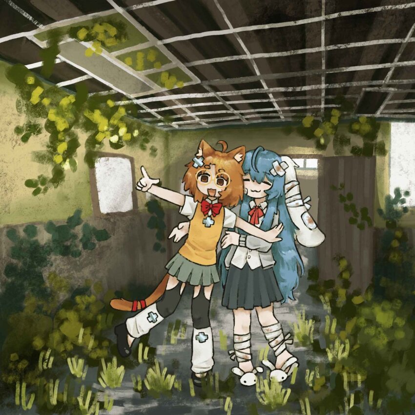 2girls, :3, abandoned, ahoge, animal_ear_fluff, animal_ears, animal_slippers, bandaged_leg