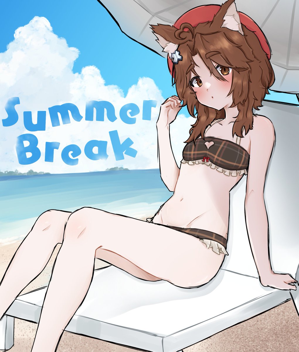 1girl, :o, ahoge, animal_ear_fluff, animal_ears, arm_support, arm_up, beach, beach_chair, beach_umbrella, beret, bikini, blush, brown_eyes, brown_hair, cat_ears, cat_girl, cloud, cross_hair_ornament, groin, hair_between_eyes, hair_ornament, hat, highres, indie_virtual_youtuber, looking_at_viewer, miaelou_(artist), navel, noiriririri, ocean, plaid_bikini, plaid_clothes, short_hair, sidelocks, sitting, swept_bangs, swimsuit, umbrella, virtual_youtuber