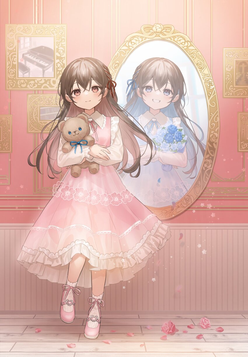 2girls, absurdres, ankle_socks, blouse, blue_dress, blue_eyes, blue_flower, blue_ribbon, blush, bouquet, braid, brown_hair, child, closed_mouth, collared_shirt, dress, flower, foot_up, frilled_dress, frilled_sleeves, frills, full_body, grin, hair_between_eyes, hair_ribbon, head_tilt, highres, holding, holding_bouquet, holding_stuffed_toy, hugging_doll, hugging_object, indoors, kaisake_(utp), long_dress, long_hair, long_sleeves, looking_at_viewer, mary_janes, mirror, multiple_girls, neck_ribbon, original, petals, pinafore_dress, pink_dress, pink_ribbon, pink_shoes, red_eyes, red_ribbon, reflection, ribbon, seiran_(sake_(utopia_modoki)), shirt, shoes, shuan_(sake_(utopia_modoki)), siblings, sisters, sleeveless, sleeveless_dress, smile, socks, standing, standing_on_one_leg, straight-on, stuffed_animal, stuffed_toy, tareme, teddy_bear, teeth, twins, upper_body, white_shirt, white_socks