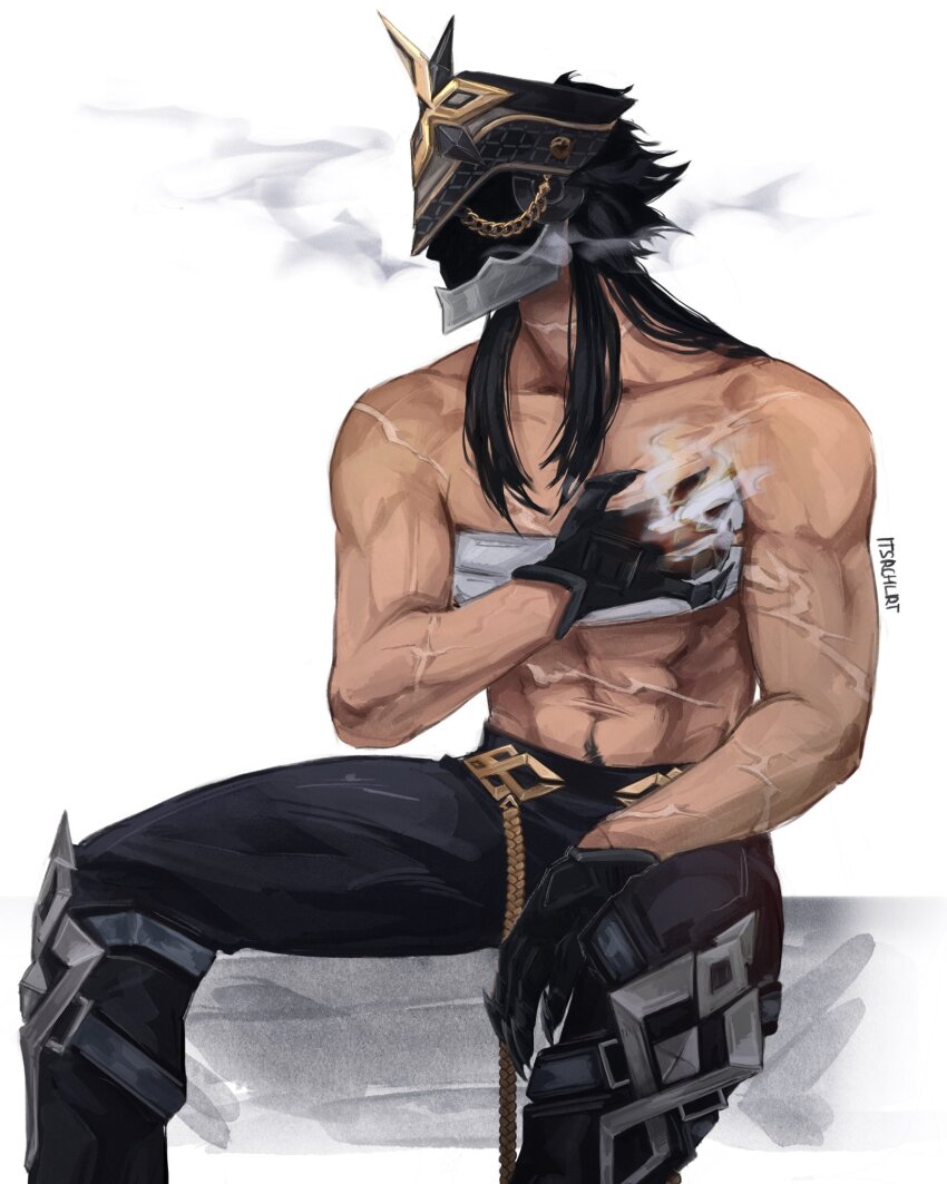 1boy, abs, bandaged_chest, bara, black_gloves, black_hair, black_pants, burning, capitano_(genshin_impact), chain, claws, genshin_impact, gloves, gold_trim, hand_on_own_chest, hand_on_own_thigh, helmet, highres, itsrchlrt, large_pectorals, long_hair, looking_to_the_side, male_focus, mask, multiple_scars, muscular, muscular_male, navel, pants, pectorals, pubic_hair, scar, scar_on_arm, scar_on_chest, sitting, smoke, spiked_helmet, topless_female, topless_male, watermark, white_background