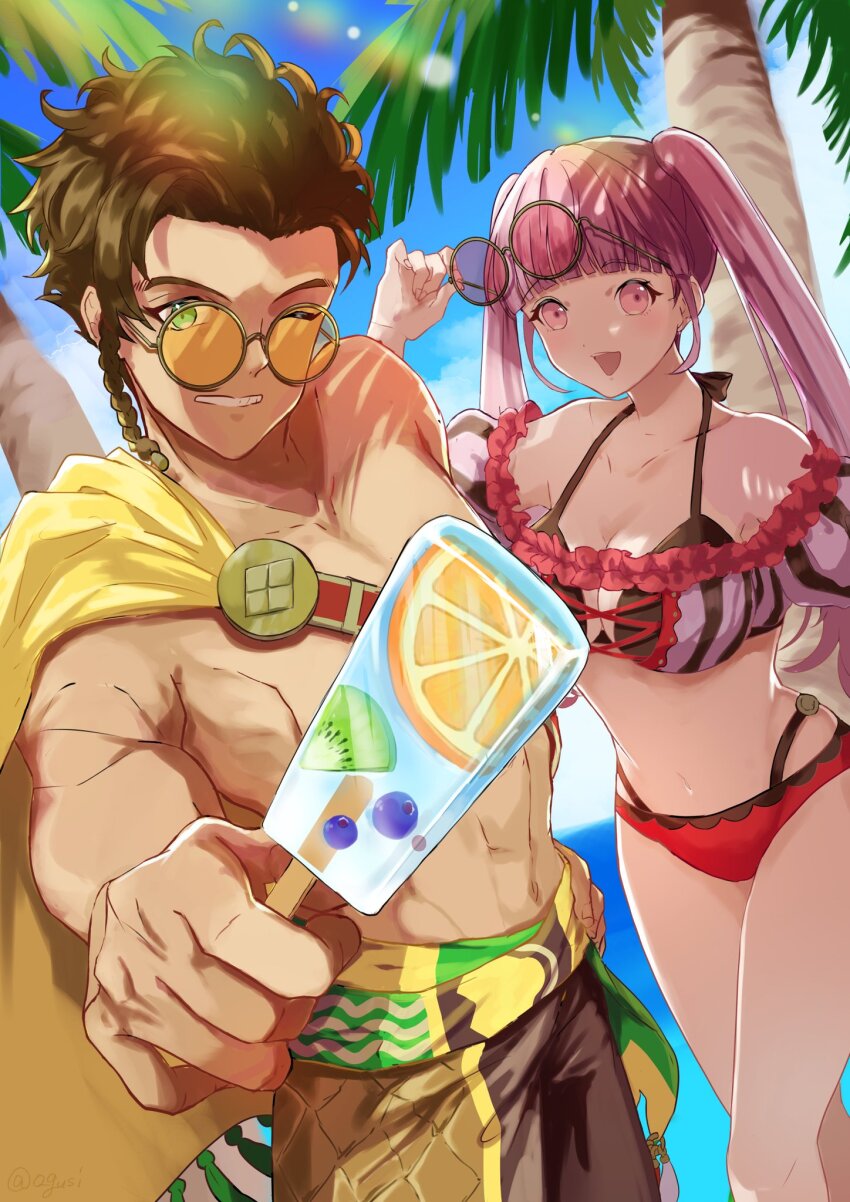 1boy, 1girl, bikini, blueberry, cape, claude_von_riegan, claude_von_riegan_(summer), eyewear_on_head, fire_emblem, fire_emblem:_three_houses, fire_emblem_heroes, food, fruit, highres, hilda_valentine_goneril, hilda_valentine_goneril_(summer), ice_cream_bar, kiwi_(fruit), kiwi_slice, male_swimwear, nintendo, o_gusi, official_alternate_costume, orange_(fruit), orange_slice, pink-tinted_eyewear, pink_bikini, pink_eyes, popsicle, striped_bikini, striped_clothes, sunglasses, swimsuit, tinted_eyewear, vertical-striped_bikini, vertical-striped_clothes, yellow_cape