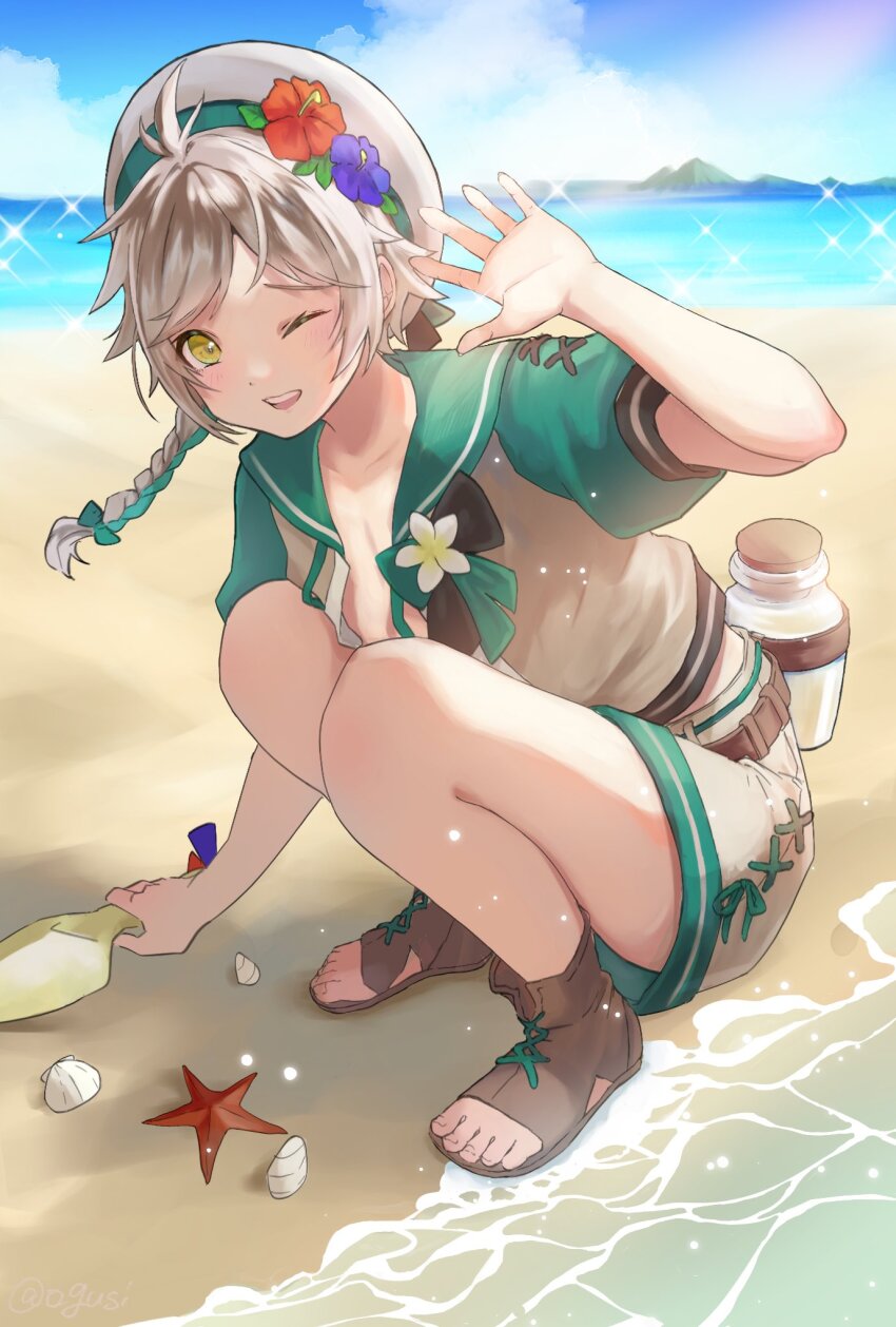 1boy, beach, beret, braid, clanne_(fire_emblem), clanne_(summer)_(fire_emblem), fire_emblem, fire_emblem_engage