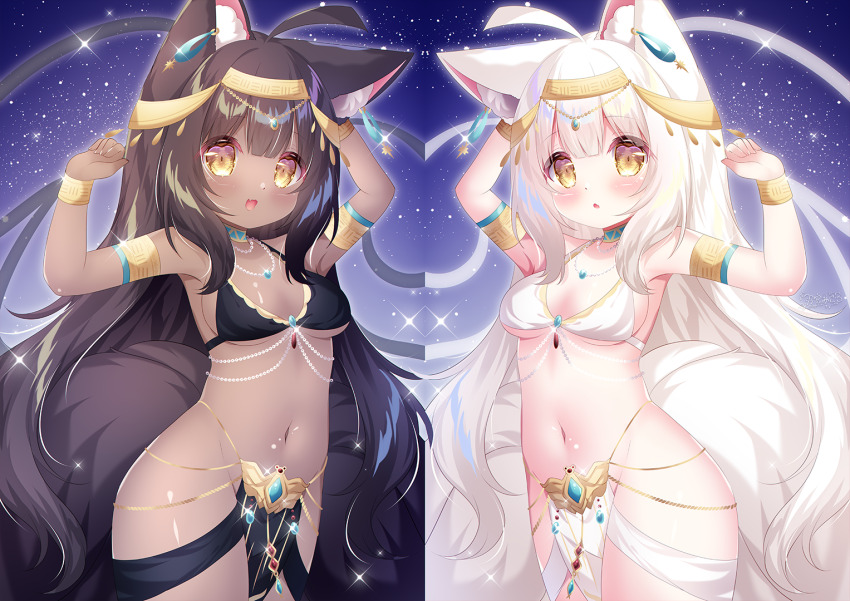 2girls, :o, animal_ears, arms_up, black_bra, blue_background, blue_gem, blush