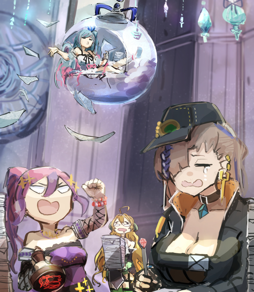 4girls, angry, blonde_hair, blue_hair, breasts, brown_hair, cleavage, crying