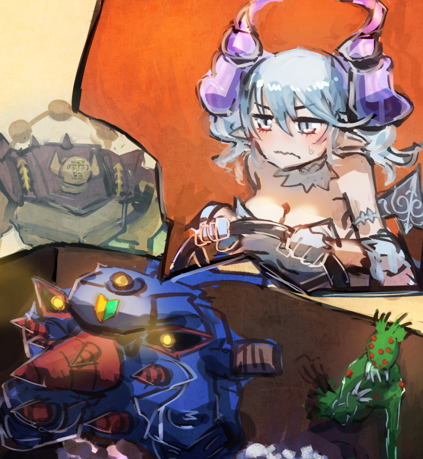 1girl, 2boys, demon_girl, demon_horns, detached_collar, dress, driving, duel_monster