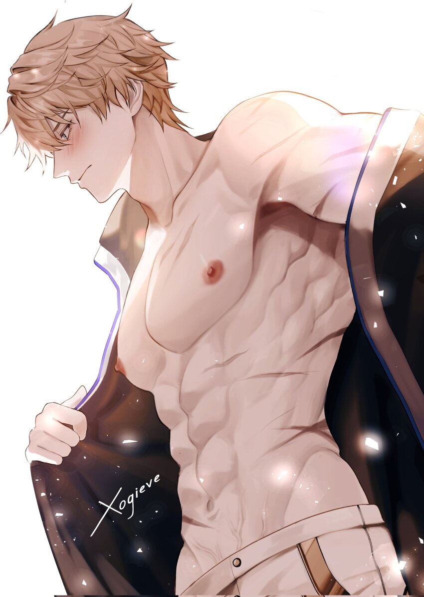 1boy, abs, black_shirt, blonde_hair, blue_eyes, blush, closed_mouth, corrupted_twitter_file