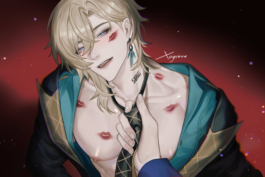 2boys, abs, after_kiss, aqua_shirt, aventurine_(honkai:_star_rail), black_necktie, black_shirt, blonde_hair