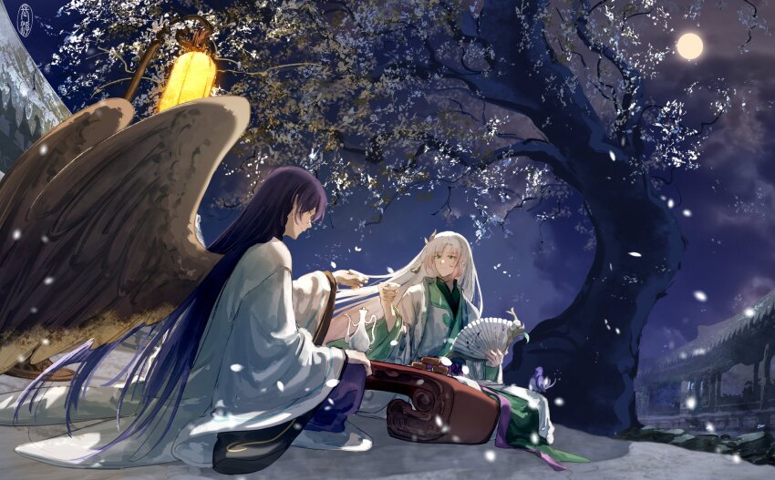 2boys, architecture, bird, bird_on_leg, black_hair, blue_hair, bottle, braid