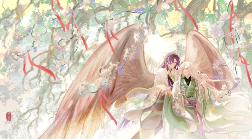 2boys, black_hair, blue_hair, braid, brown_wings, camellia, chang_fu, chinese_clothes, closed_mouth, coat, cowboy_shot, curtained_hair, day, eye_contact, facial_mark, feathered_wings, flower, flower_ornament, forehead_mark, gradient_hair, green_eyes, green_robe, hair_ornament, hanfu, highres, holding_hands, long_hair, long_sleeves, longjing_shrimp_(the_tale_of_food), looking_at_another, looking_to_the_side, male_focus, multicolored_hair, multiple_boys, open_clothes, open_coat, parted_bangs, purple_flower, purple_sash, red_ribbon, ribbon, robe, sash, seal_impression, see-through_clothes, see-through_shawl, shawl, side_braid, string, string_of_fate, swallow_bun_(the_tale_of_food), tassel, tassel_hair_ornament, the_tale_of_food, tree, very_long_hair, white_coat, white_flower, white_hair, white_robe, white_shawl, wide_sleeves, wings, yaoi, yellow_eyes