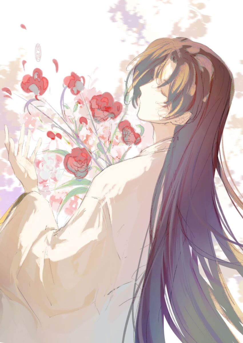 1boy, black_hair, blue_hair, bouquet, chang_fu, chinese_clothes, closed_eyes, closed_mouth