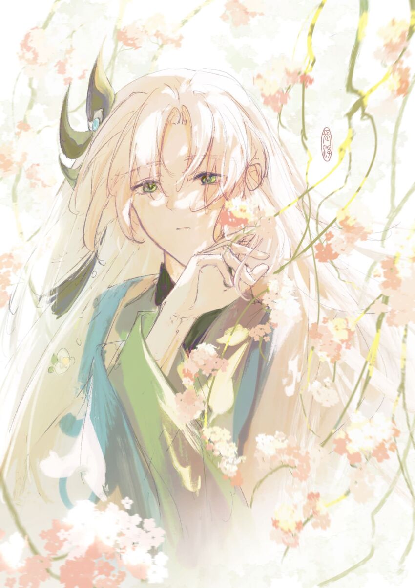 1boy, branch, chang_fu, cherry_blossoms, chinese_clothes, coat, curtained_hair, flower