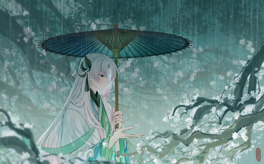 1boy, aqua_theme, aqua_umbrella, chang_fu, cherry_blossoms, closed_mouth, coat, colored_tips