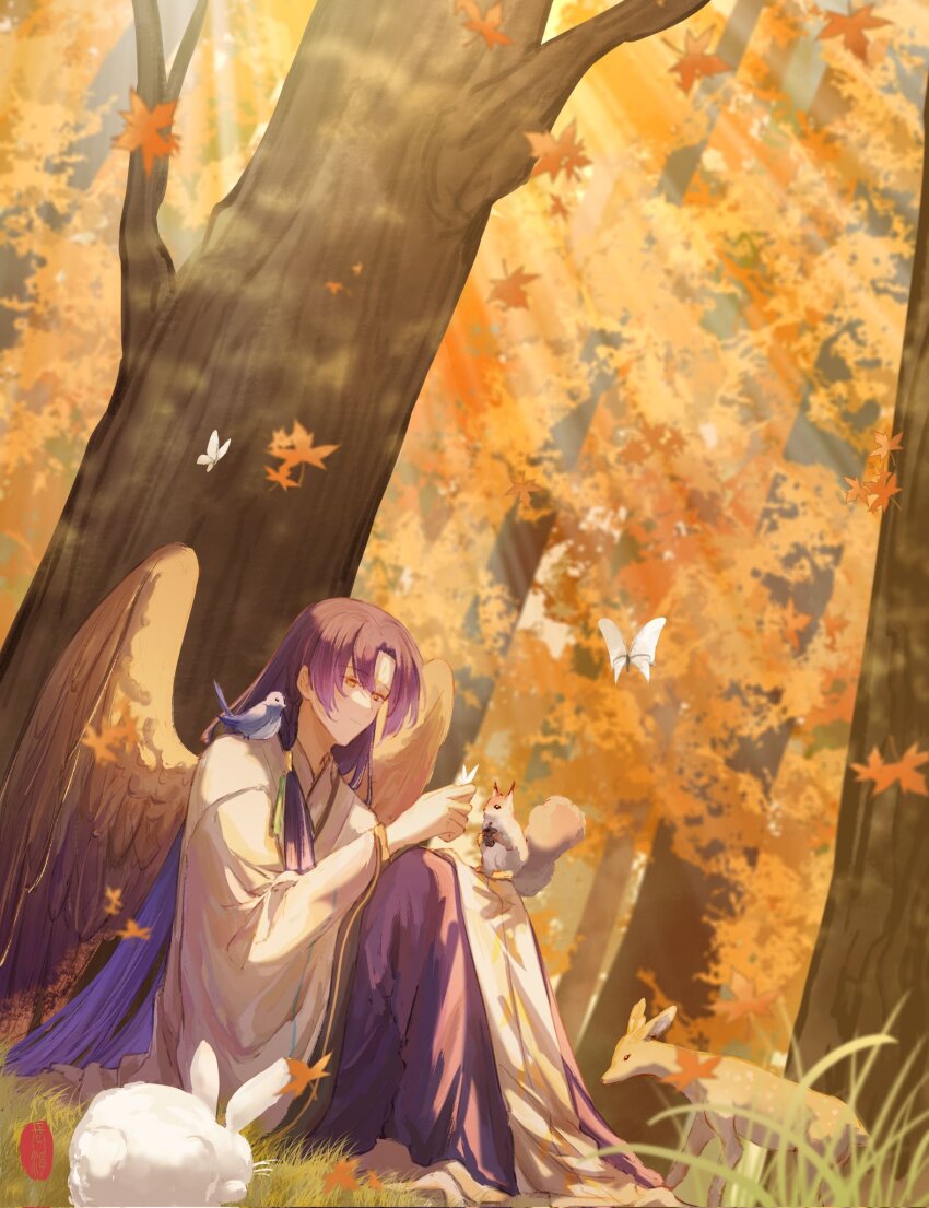 1boy, animal, animal_on_leg, animal_on_shoulder, autumn, autumn_leaves, bird, bird_on_shoulder