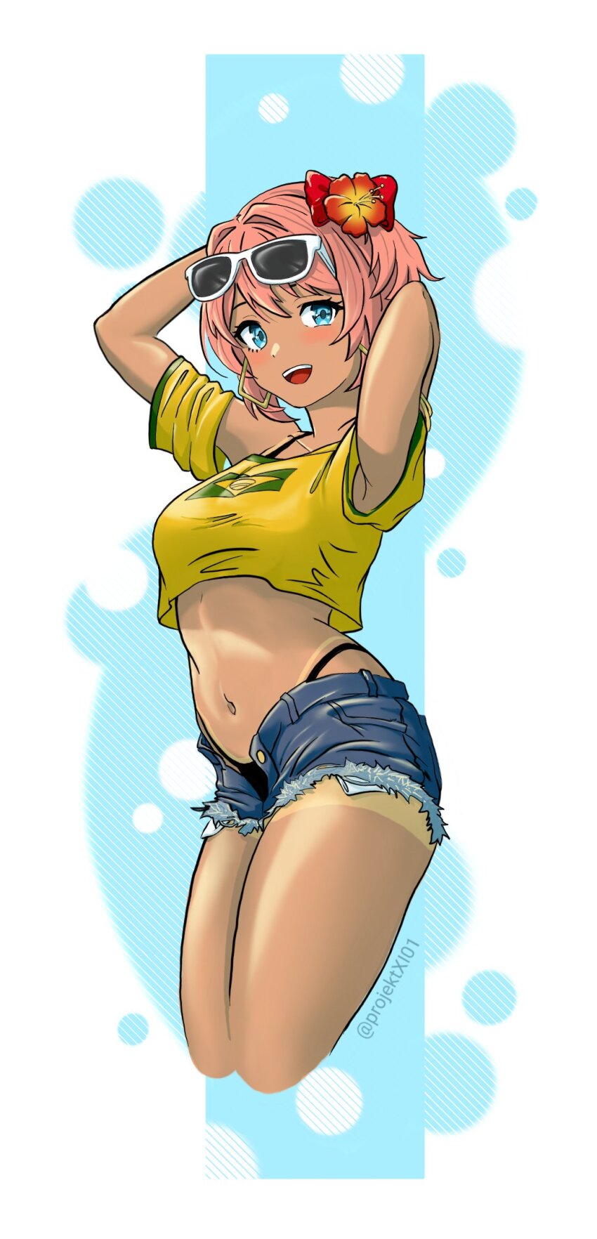 1girl, :d, arms_behind_head, arms_up, artist_name, bare_shoulders, bikini, black_bikini, blue_background, blue_eyes, border, brazilian_flag, brazilian_flag_print, brazilian_miku, brazilian_miku_(cosplay), breasts, circle, commentary, cosplay, crop_top, cropped_legs, cutoffs, denim, denim_shorts, doki_doki_literature_club, english_commentary, exposed_pocket, eyewear_on_head, flag_print, flower, from_side, green_trim, hair_flower, hair_intakes, hair_ornament, hatsune_miku, hibiscus, highleg, highleg_bikini, highres, jason_viera, jewelry, looking_at_viewer, looking_to_the_side, lowleg, lowleg_shorts, medium_breasts, midriff, navel, off-shoulder_shirt, off_shoulder, open_clothes, open_fly, open_mouth, open_shorts, pink_hair, rectangular_earrings, red_flower, sayori_(doki_doki_literature_club), shirt, short_hair, short_shorts, shorts, shorts_tan, smile, solo, standing, sunglasses, swimsuit, swimsuit_under_clothes, tan, tanline, teeth, thighs, twitter_username, upper_teeth_only, vocaloid, white-framed_eyewear, white_background, white_border, yellow_shirt