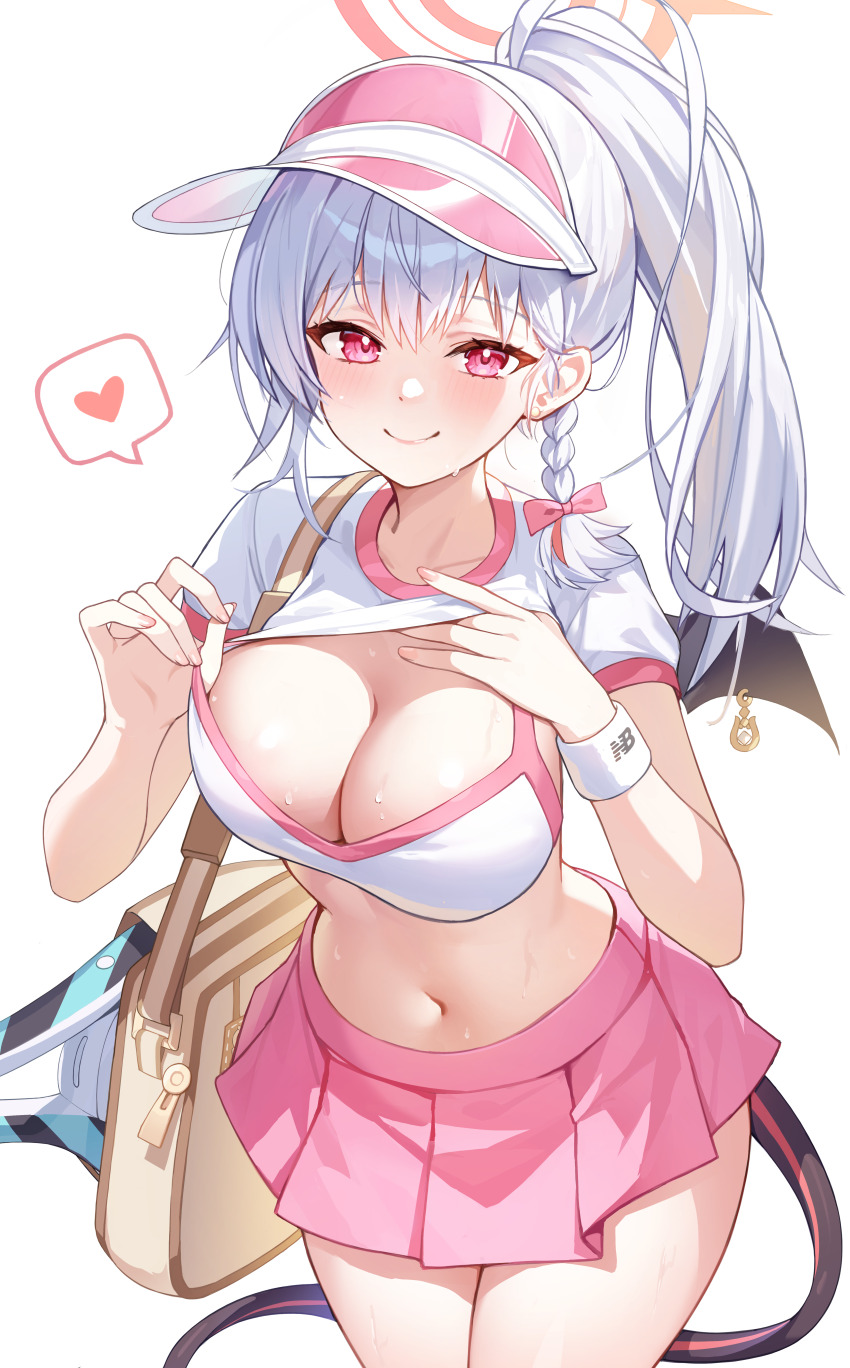 1girl, absurdres, alternate_costume, alternate_hairstyle, bag, black_wings, blue_archive, blush, braid, breasts, cleavage, closed_mouth, clothes_lift, commentary_request, cowboy_shot, demon_girl, demon_tail, demon_wings, esseppd, hair_between_eyes, halo, haruna_(blue_archive), heart, highres, large_breasts, lifting_own_clothes, long_hair, looking_at_viewer, miniskirt, navel, pink_skirt, pleated_skirt, ponytail, red_eyes, red_halo, shirt, shirt_lift, short_sleeves, shoulder_bag, simple_background, single_braid, single_wing, skirt, smile, solo, spoken_heart, sports_bra, stomach, sweat, tail, visor_cap, white_background, white_hair, white_shirt, white_sports_bra, wings