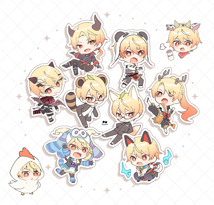 6+boys, animal_ears, animal_hood, black_jacket, blonde_hair, chicken_costume, cow_horns, demon_horns