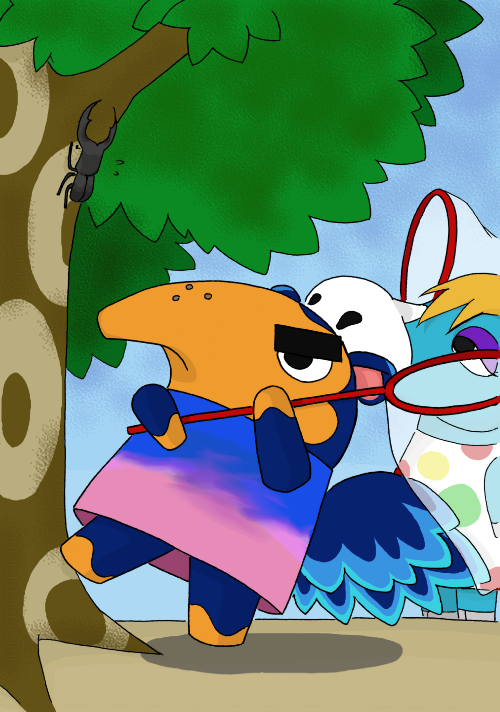 animal_crossing, anteater, black_eyes, blonde_hair, cyrano_(animal_crossing), ed_(animal_crossing), horse, net