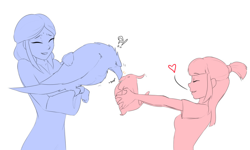 !?, 2girls, alcor_(little_witch_academia), animal, bird, breasts, closed_eyes, crow