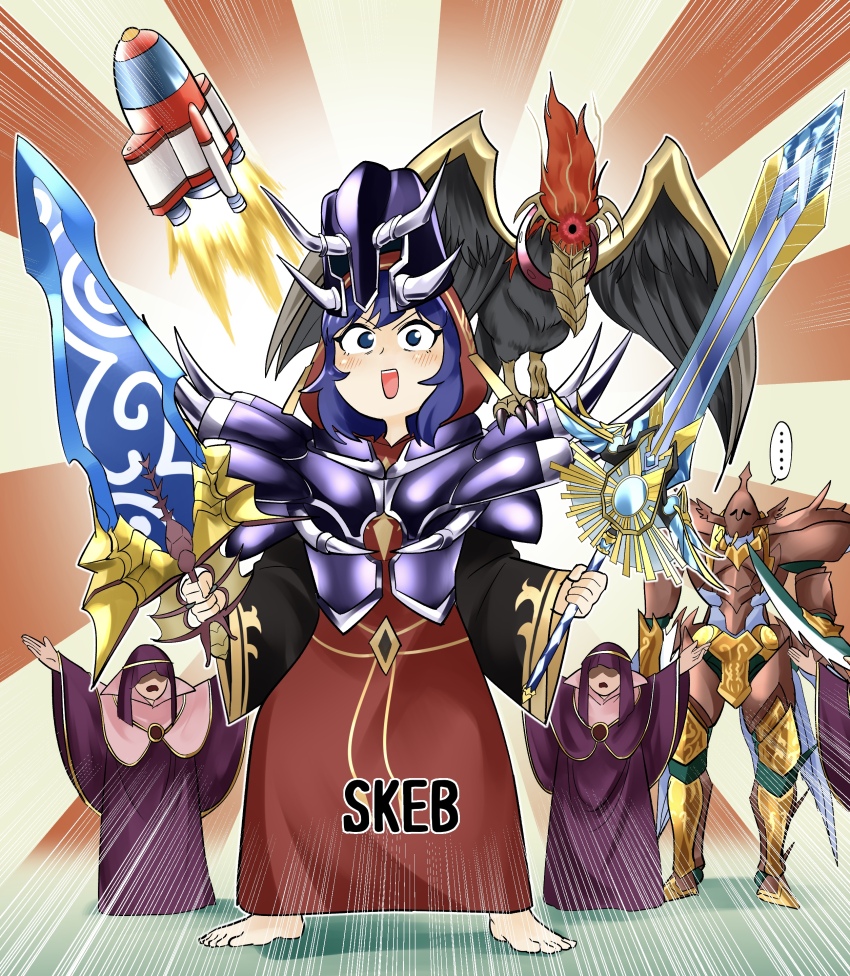 1boy, 1girl, 2others, absurdres, armor, barefoot, commission, dual_wielding, duel_monster, dunnel_the_noble_arms_of_light, emphasis_lines, full_body, gameplay_mechanics, highres, holding, holding_sword, holding_weapon, lo_the_prayers_of_the_voiceless_voice, looking_at_another, mage_power, metalsilver_armor, multiple_others, pun, red_robe, robe, rocket, sawan_cutman, skeb_commission, skull_guardian_protector_of_the_voiceless_voice, smile, standing, supermagic_sword_of_raptinus, sword, vengeful_servant, watermark, weapon, yu-gi-oh!