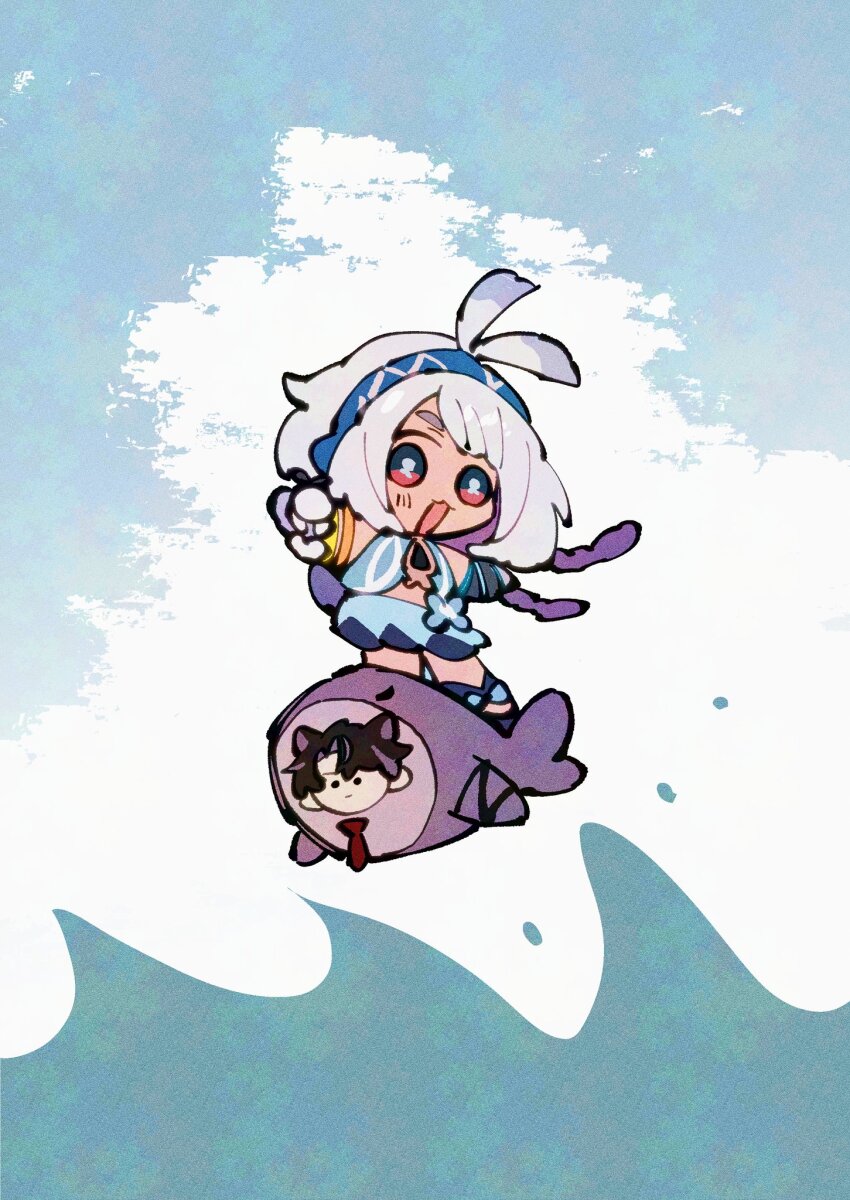 1boy, 1girl, adversarial_noise, animal_costume, antenna_hair, blue_eyes, blue_hairband, blue_skirt, bracelet, braid, genshin_impact, hairband, highres, jewelry, long_hair, looking_at_viewer, low_twin_braids, mualani_(genshin_impact), nploser, open_mouth, outstretched_arms, shark_costume, skirt, smile, surfing, twin_braids, very_long_hair, white_hair, wriothesley_(genshin_impact)