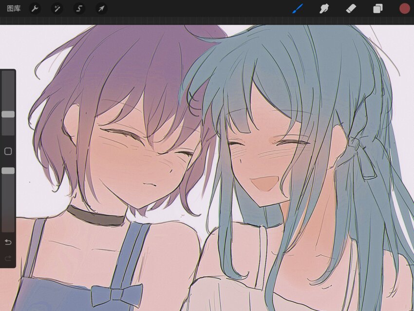 2girls, art_program_in_frame, bang_dream!, bang_dream!_it's_mygo!!!!!, black_choker, blue_dress, blue_hair, blush