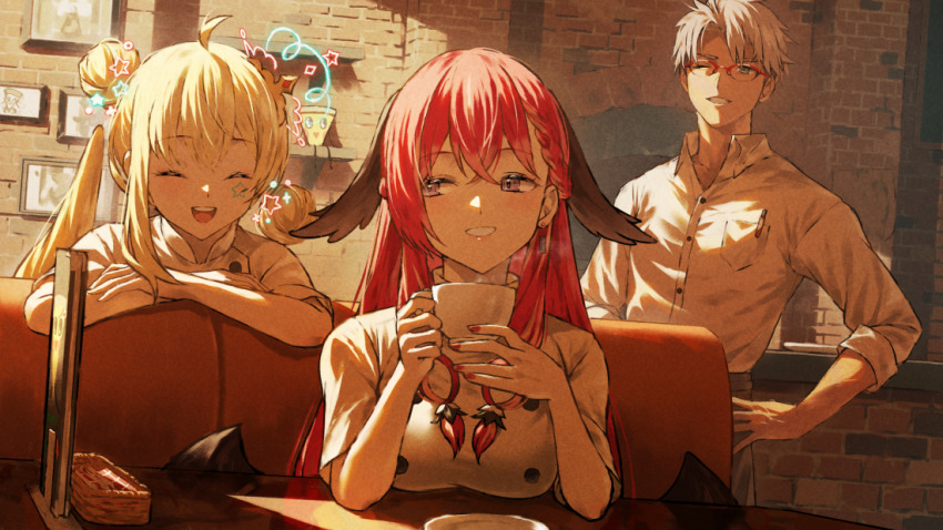 1boy, 2girls, arurandeisu, black_pants, black_wings, blonde_hair, blue_eyes, breast_pocket, breasts, chair, coffee, collared_shirt, cup, day, double_bun, fagi_(kakikaki), glasses, hair_bun, head_wings, holding, holding_cup, holostars, indoors, konkon_aria, long_hair, long_sleeves, looking_at_another, medium_breasts, multiple_girls, neo-porte, on_chair, one_eye_closed, pants, pocket, purple_eyes, red_hair, reject_(esports), shirt, short_hair, sitting, smile, smoke, standing, tiara, tooko_(vtuber), virtual_youtuber, white_shirt, wings