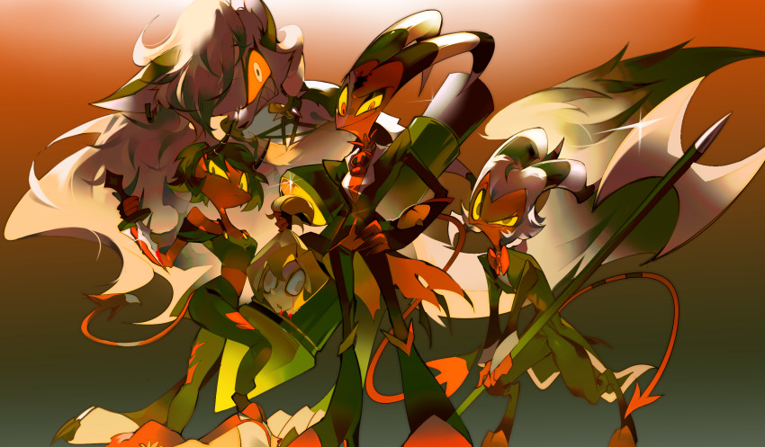 2boys, 2girls, blitzo_(helluva_boss), colored_skin, demon_boy, demon_girl, demon_horns, demon_tail
