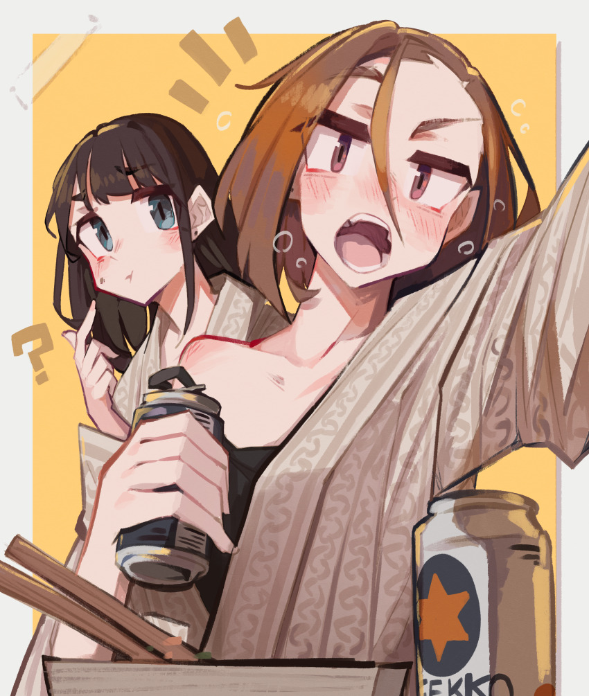 2girls, absurdres, beer_can, black_camisole, black_hair, blue_eyes, blush, border, brown_hair, camisole, can, chopsticks, closed_mouth, commentary, drink_can, drunk, earrings, english_commentary, hair_between_eyes, highres, holding, holding_can, inuzuka_miwa, jewelry, long_hair, multiple_girls, open_mouth, outside_border, red_eyes, sapporo_beer, sawatari_saeko, short_hair, sidelocks, single_off_shoulder, strap_slip, teeth, togekk0, tsukiatte_agetemo_ii_kana, white_border, yellow_background