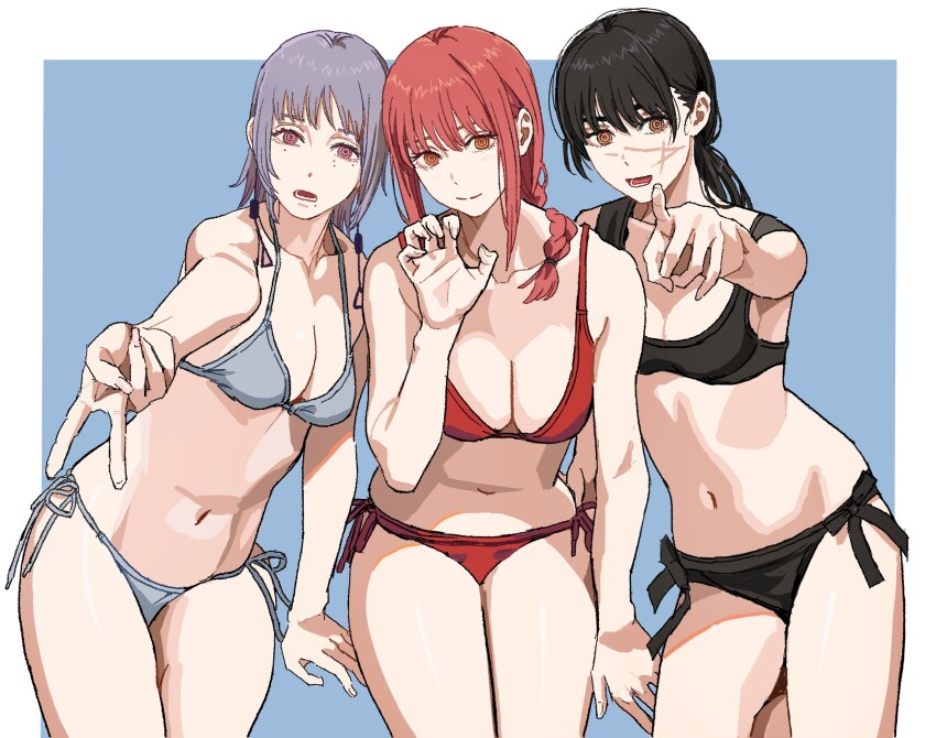 3girls, alternate_costume, bikini, black_bikini, braid, breasts, chainsaw_man, claw_pose
