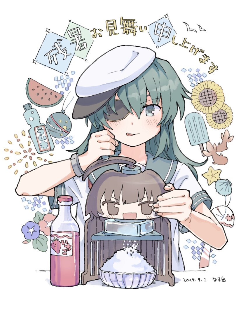 eyepatch, flower, food, fruit, grapes, green_eyes, green_hair, hat, highres, ice_cream, ice_cream_machine, ice_cream_maker, kantai_collection, kiso_(kancolle), kiso_kai_ni_(kancolle), kuma_(kancolle), narukan, neckerchief, popsicle, red_neckerchief, rigging, sailor_hat, school_uniform, serafuku, short_sleeves, sunflower, watermelon