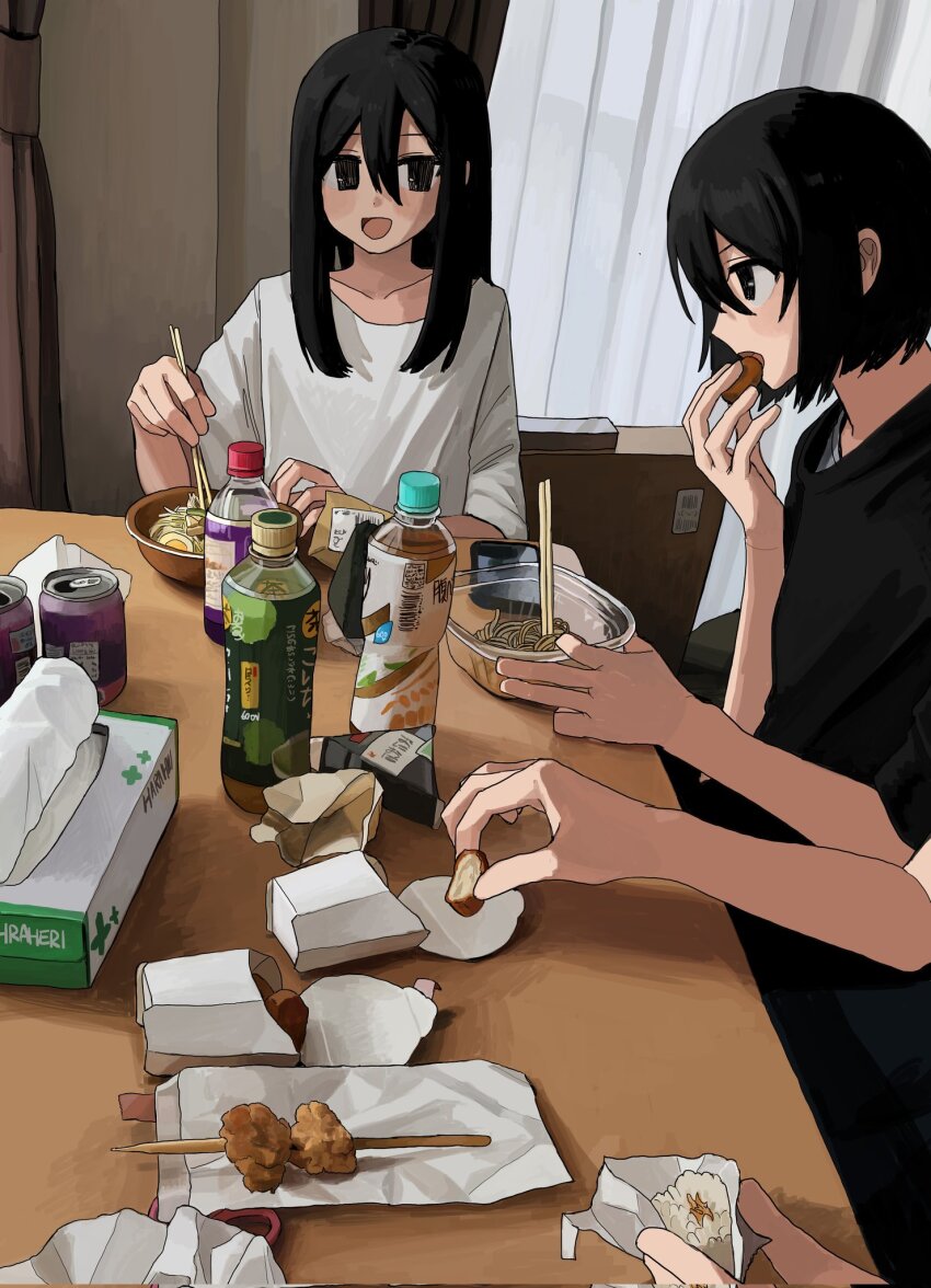 3girls, black_eyes, black_hair, black_shirt, can, chicken_(food), chopsticks, drink_can