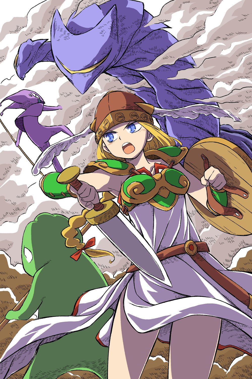 2girls, armor, blonde_hair, blue_eyes, dress, green_armor, helmet, highres