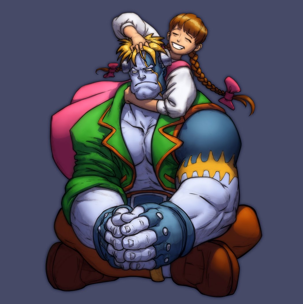 1boy, 1girl, android, asymmetrical_clothes, blonde_hair, blue_skin, bolt_(hardware), braid, brown_hair, capcom, closed_eyes, colored_skin, dress, emily_(vampire), emily_von_gerdenheim, fingerless_gloves, frankenstein, gloves, hair_ribbon, indian_style, monster, muscular, no_pupils, ribbon, scar, scott_stoddard, sitting, size_difference, smile, stitches, topless_male, twin_braids, twintails, darkstalkers, vest, victor_von_gerdenheim