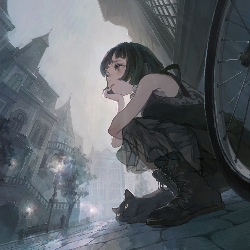 1girl, arm_support, bicycle, black_cat, black_dress, black_footwear, black_hair, bob_cut