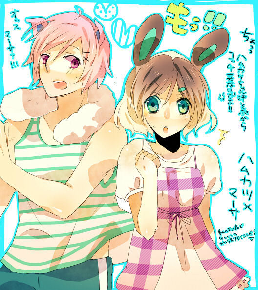 1boy, 1girl, animal_crossing, animal_ears, brown_hair, rabbit, rabbit_ears, curly_(animal_crossing), dotty_(animal_crossing), green_eyes, nintendo, open_mouth, personification, pig, pig_ears, pink_eyes, pink_hair, red_eyes, translation_request