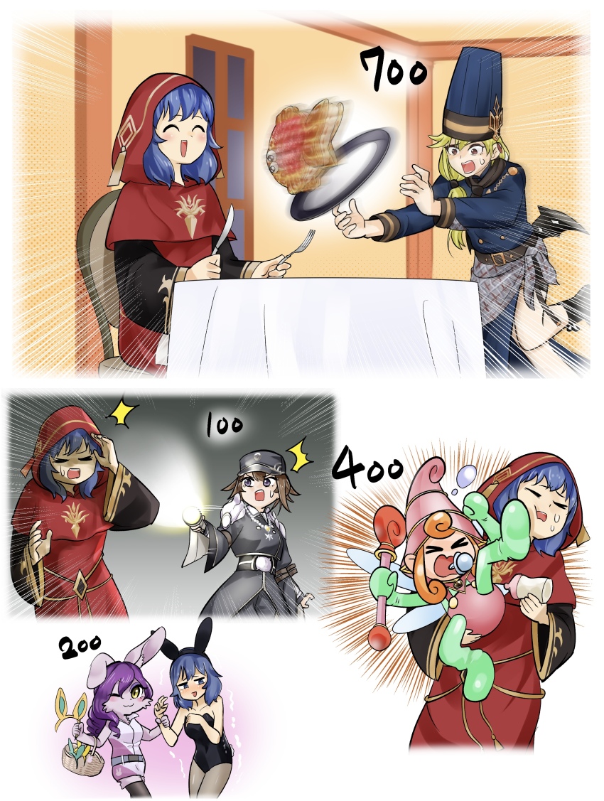 5girls, absurdres, accident, berry_magician_girl, black_leotard, blue_eyes, blue_hair, bunny_ear_enthusiast