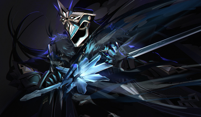 1boy, black_fur, black_hair, black_helm, capitano_(genshin_impact), coat, commentary_request, fatui_logo