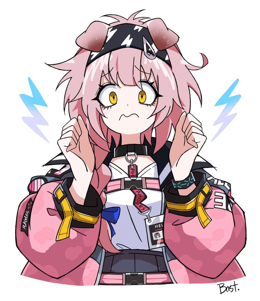 1girl, animal_ears, arknights, artist_name, bastetris, belt, black_collar, black_hairband