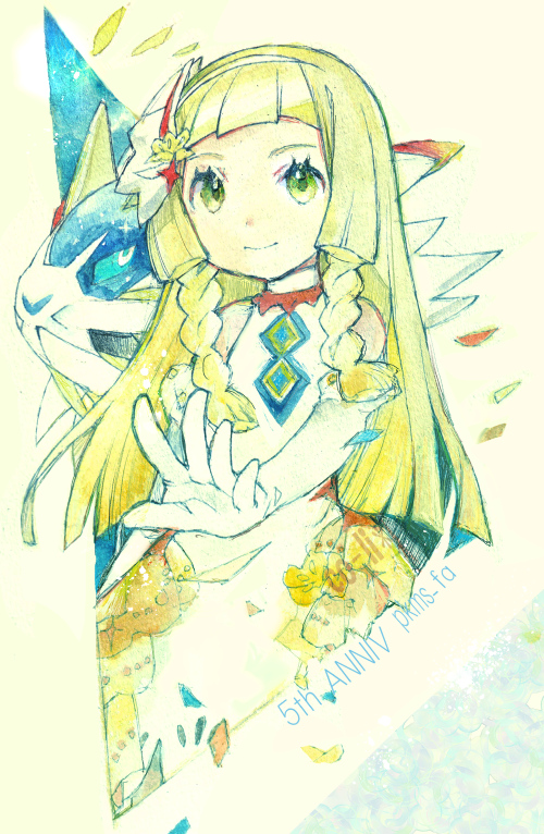 1girl, anniversary, bare_shoulders, blonde_hair, blunt_bangs, closed_mouth, commentary_request, dress