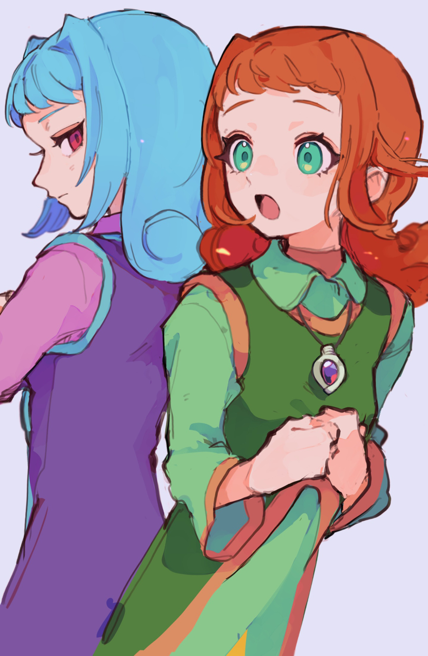 2girls, ally_(puyopuyo), back-to-back, blue_hair, breasts, clenched_hands, closed_mouth, curly_hair